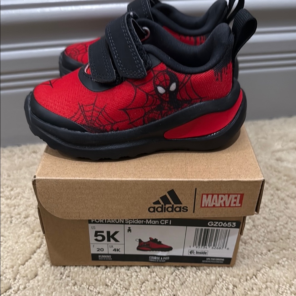 NWT Adidas Spider-Man Red and Black Sneakers with Velcro Strap